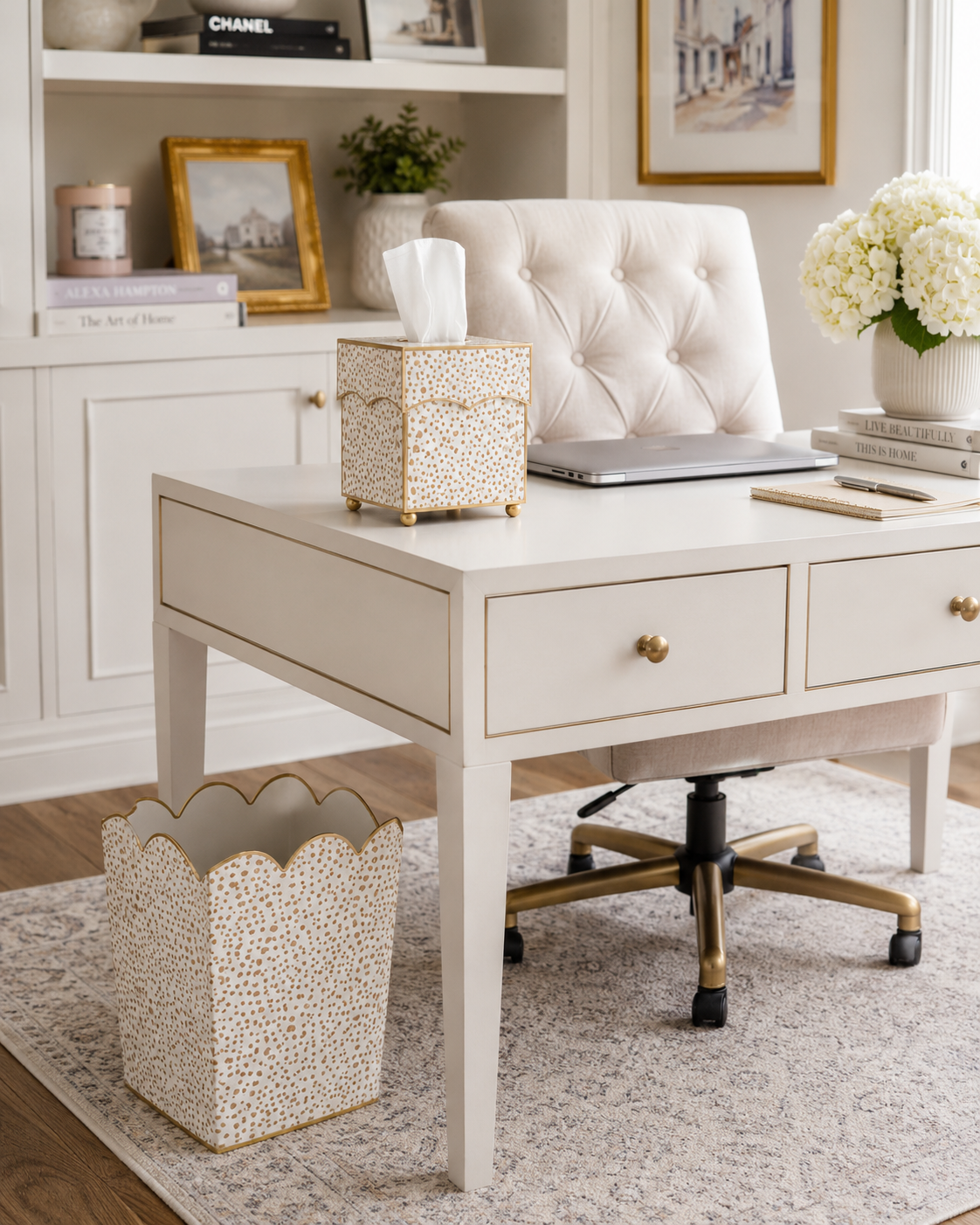 Tan Dot Square Scalloped Wastepaper Basket & Tissue Holder (2 Options)