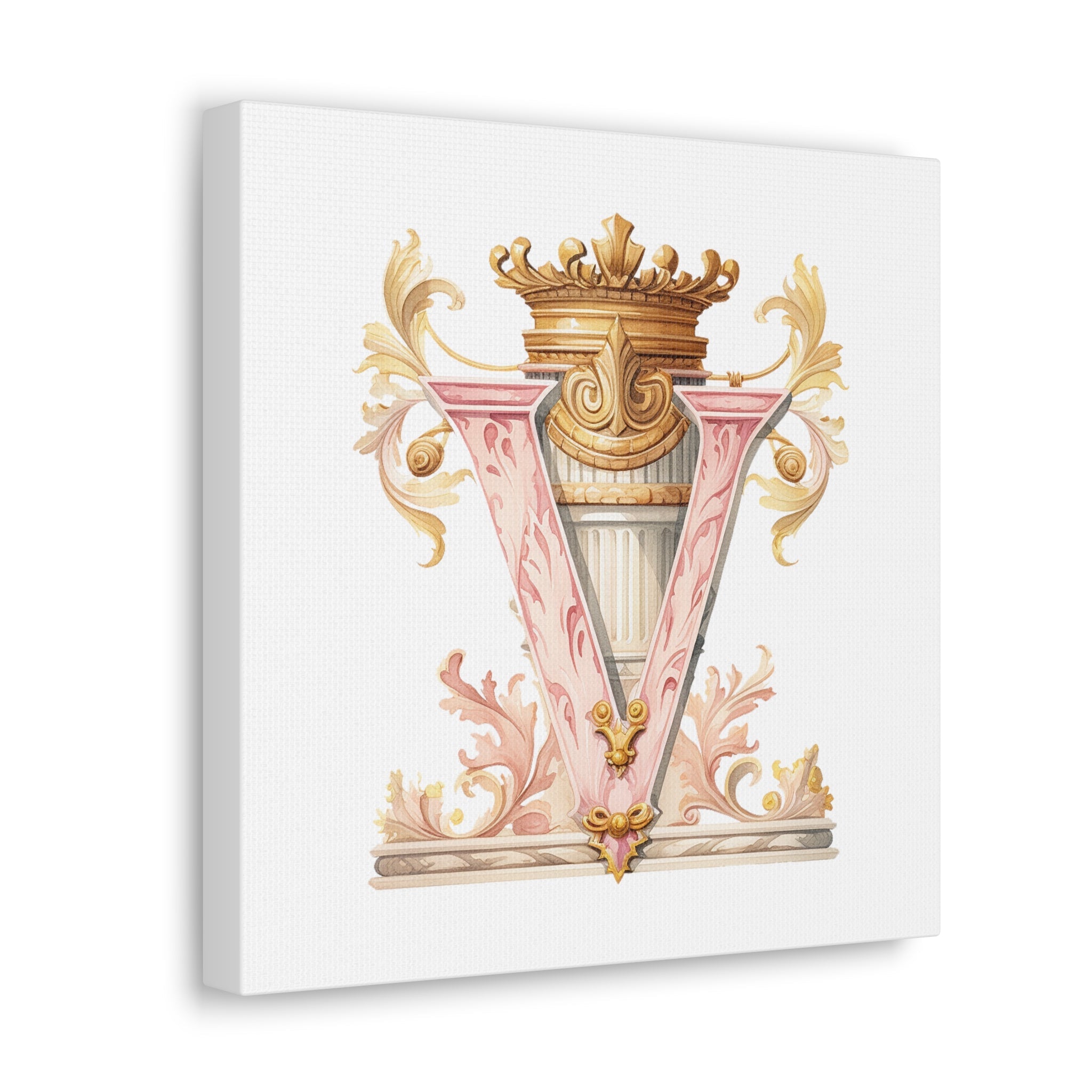 Monogram V Wall Art - Canvas Print Gallery Wrap - Single Initial Letter with Crown - Pink and Gold