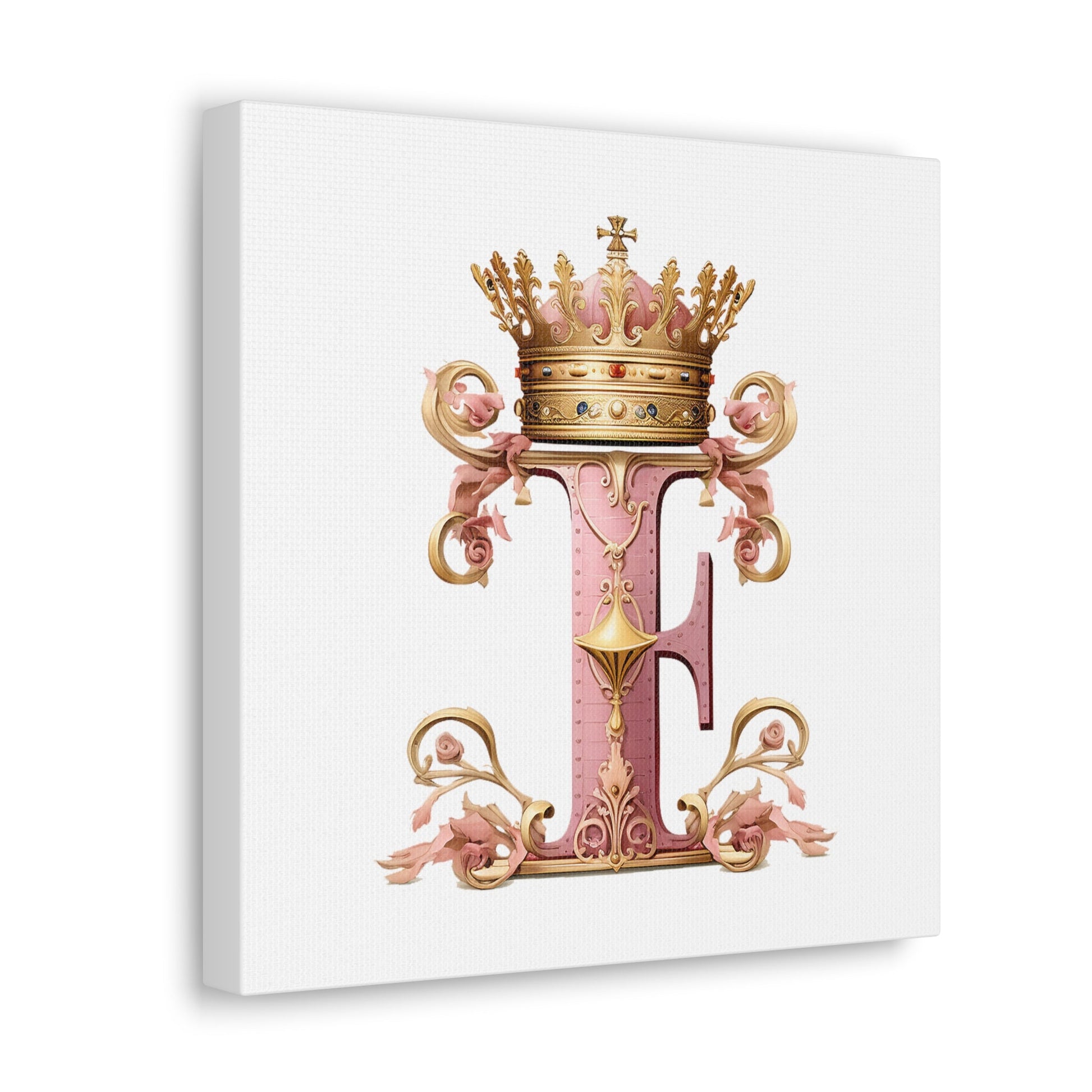 Monogram F Wall Art - Canvas Print Gallery Wrap - Single Initial Letter with Crown - Pink and Gold