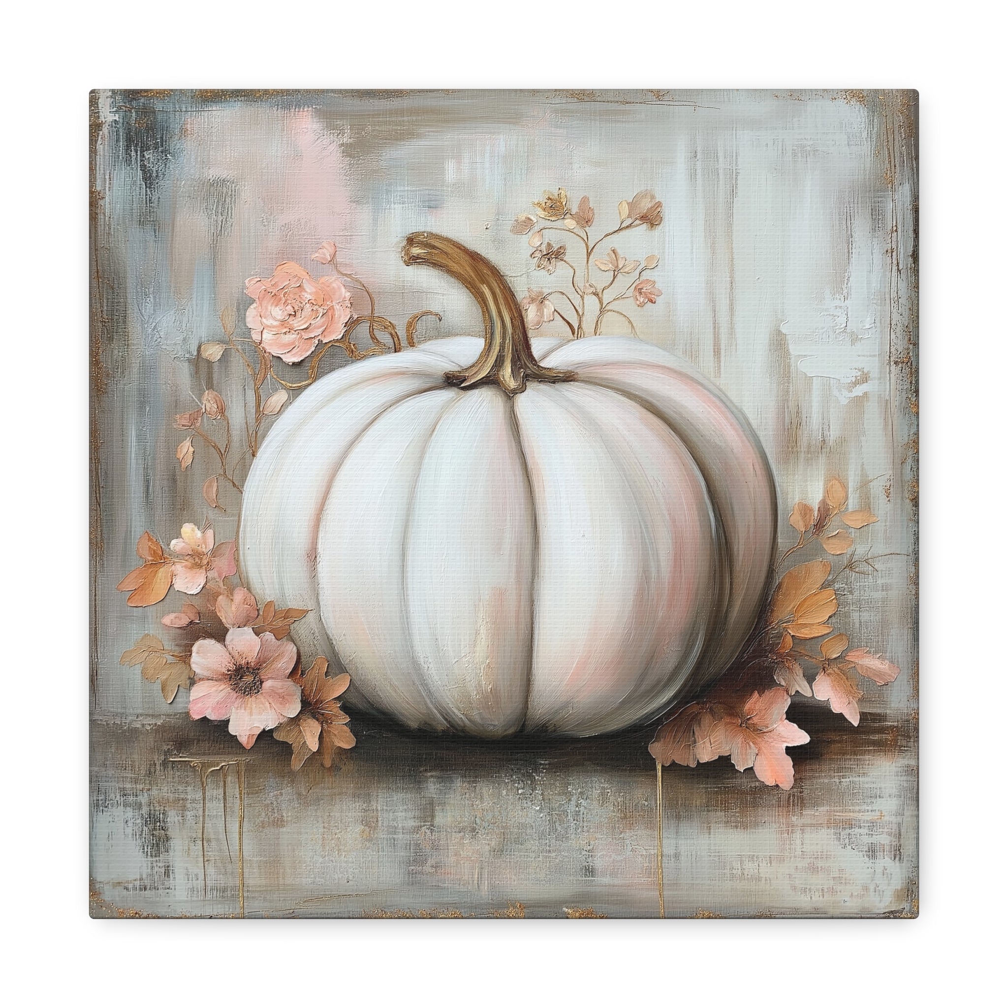 Pumpkin Wall Art - Canvas Print Gallery Wrap - White with Shabby Chic Flowers
