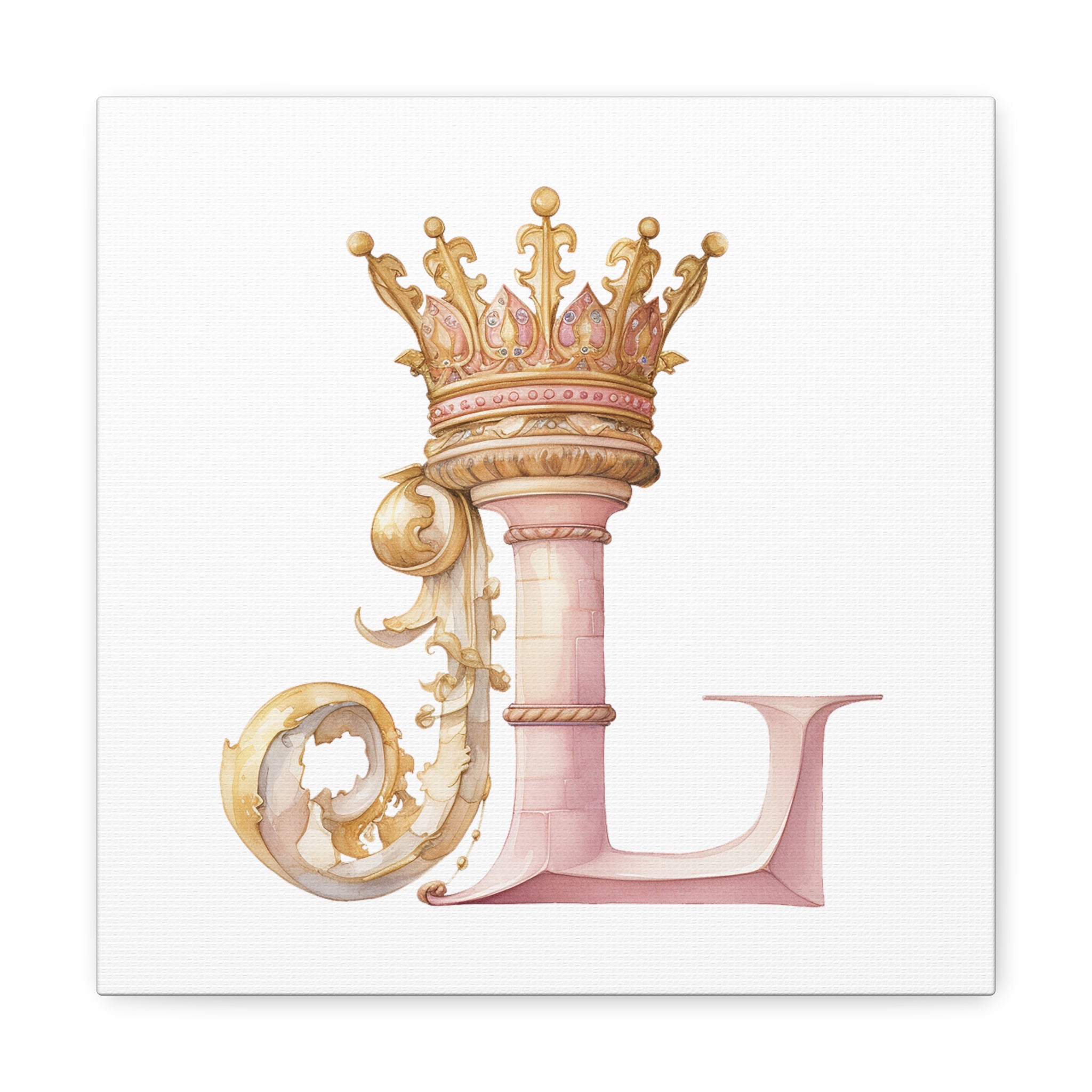 Monogram L Wall Art - Canvas Print Gallery Wrap - Single Initial Letter with Crown - Pink and Gold