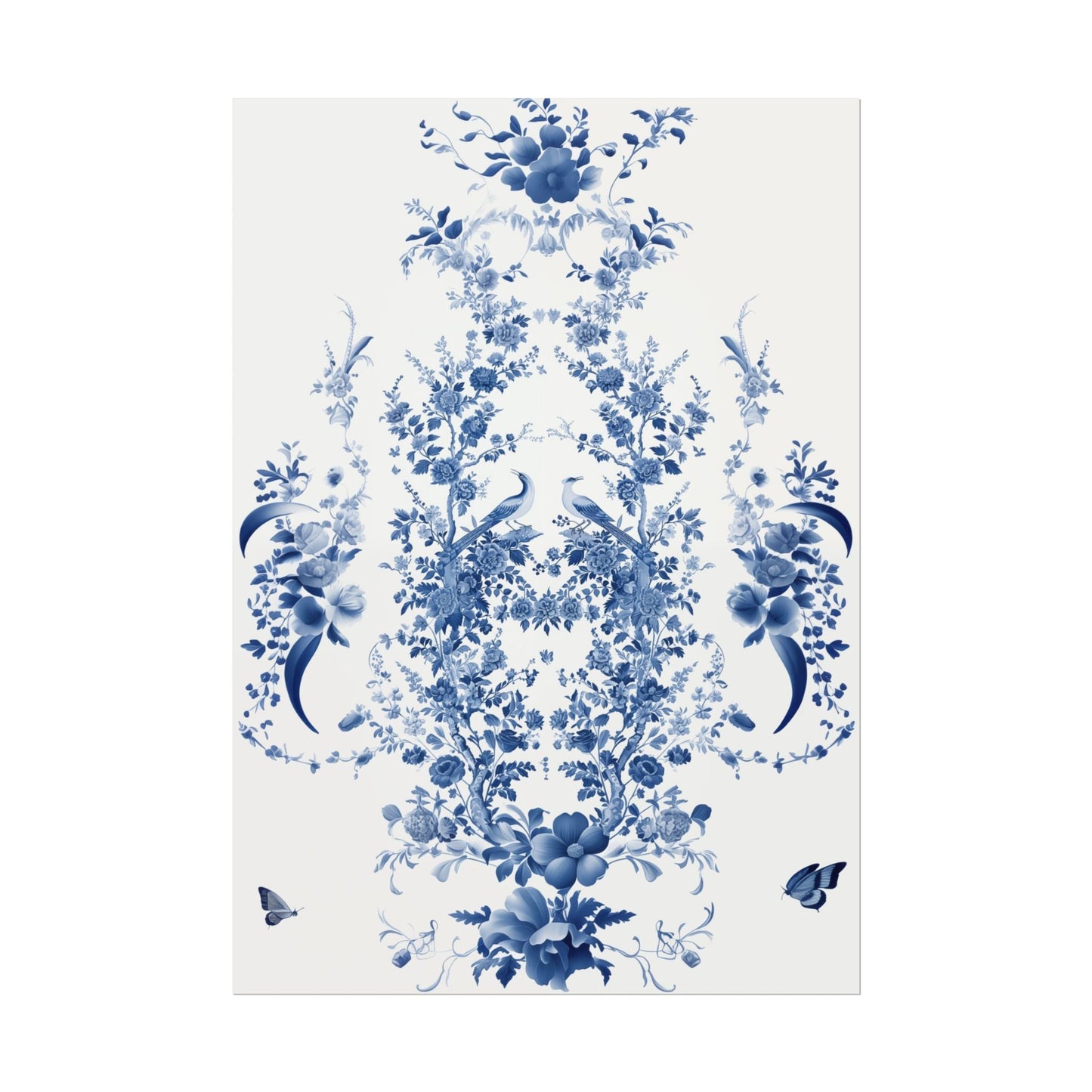 Chinoiserie Wall Art Print - Peacocks and Trellis Roses in Blue and Off-White