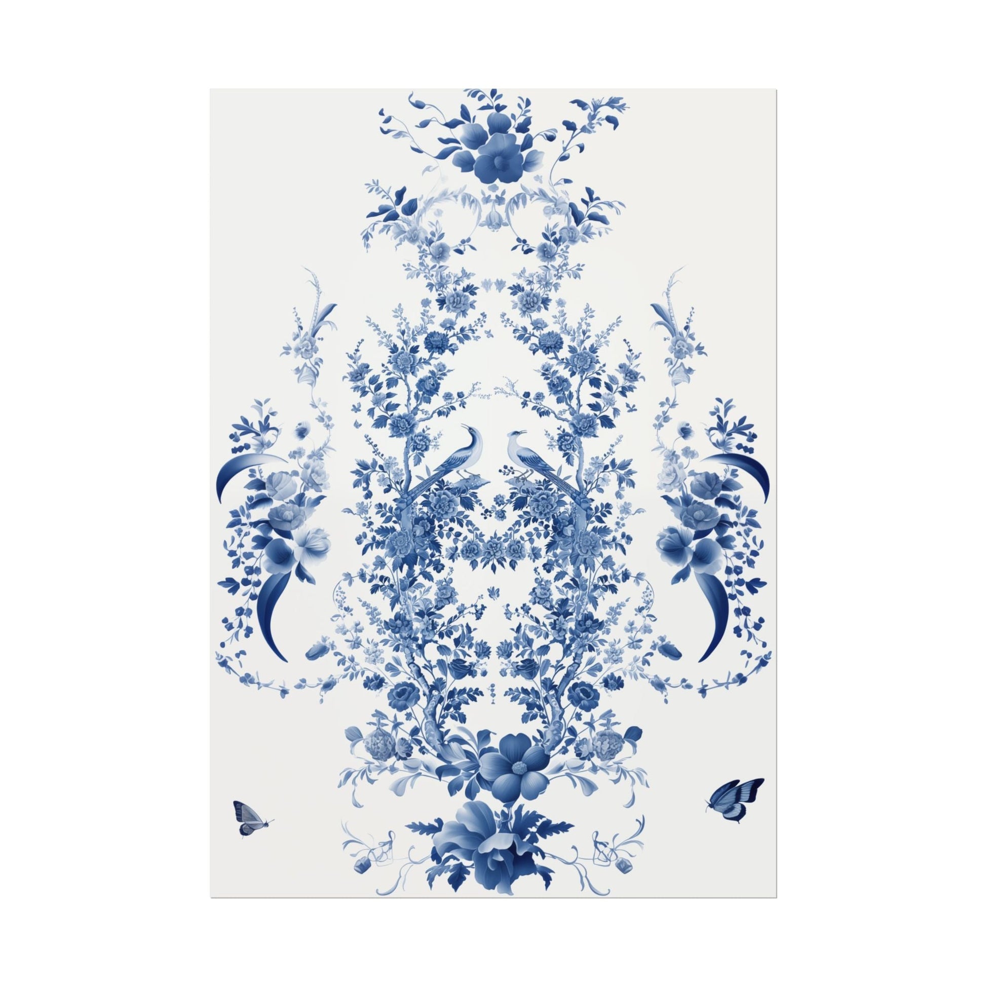 Chinoiserie Wall Art Print - Peacocks and Trellis Roses in Blue and Off-White