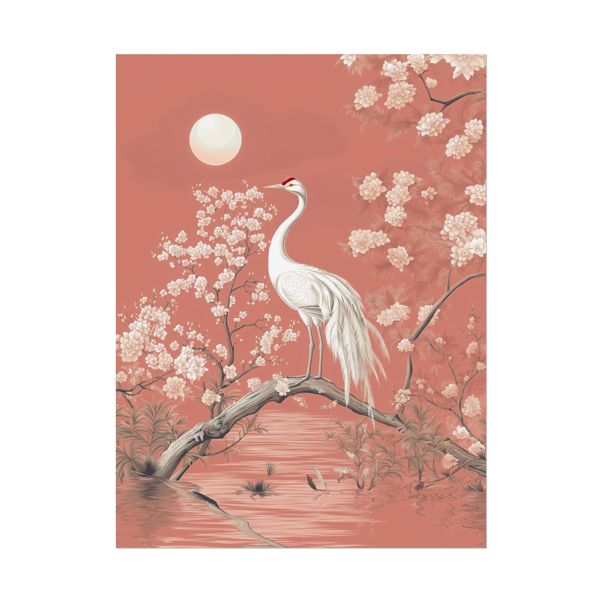 Chinoiserie Wall Art Print - Crane in the Light of the Full Moon against Pink Backdrop