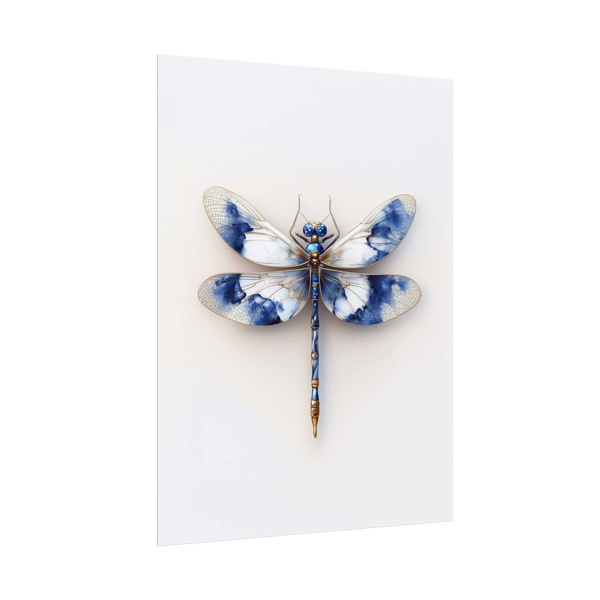 Blue and White Dragonfly Wall Art Print - Delft Inspired on off-white background