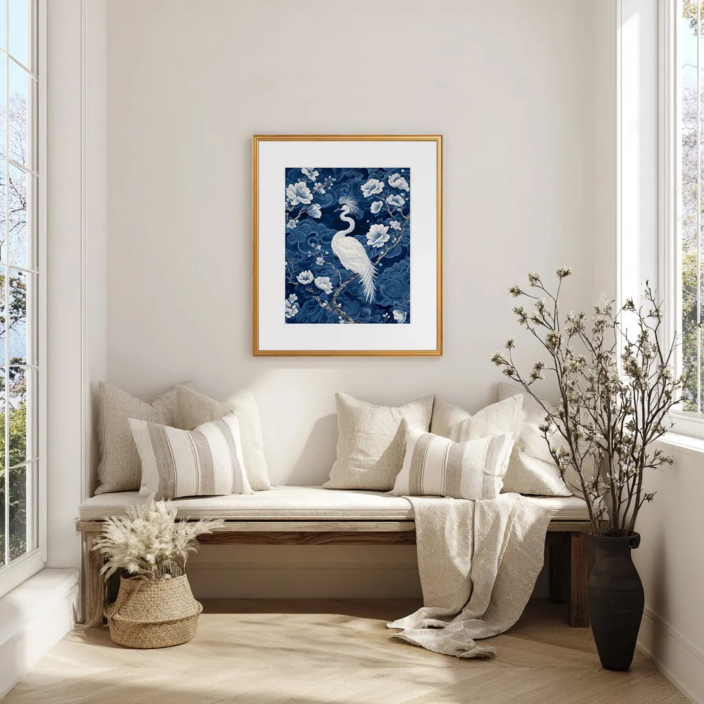 Nestled corner of a room with a wooden bench, cushions, and a framed artwork on the wall.