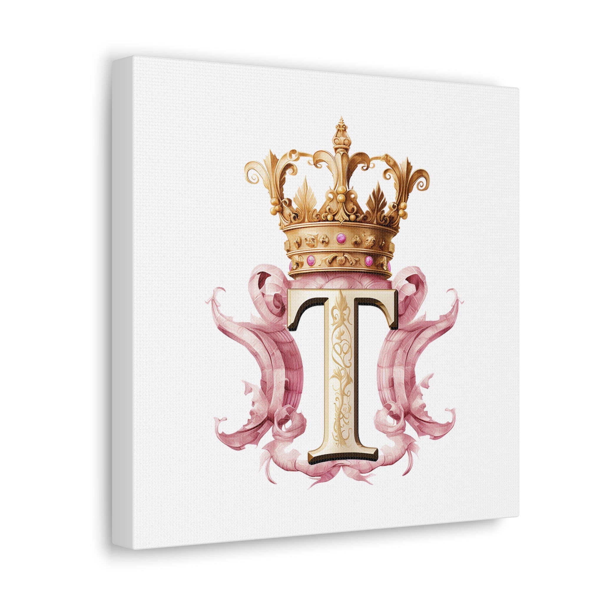 Monogram T Wall Art - Canvas Print Gallery Wrap - Single Initial Letter with Crown - Pink and Gold