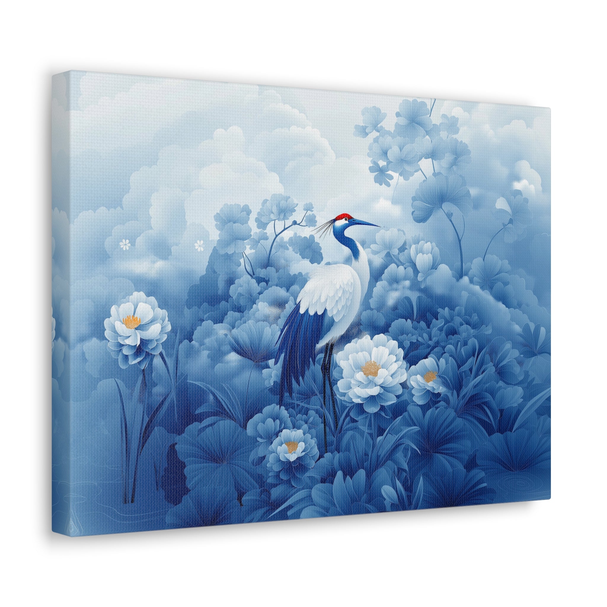 Canvas Print - Chinoiserie Crane in Blue & White - Gallery Wrap Wall Art