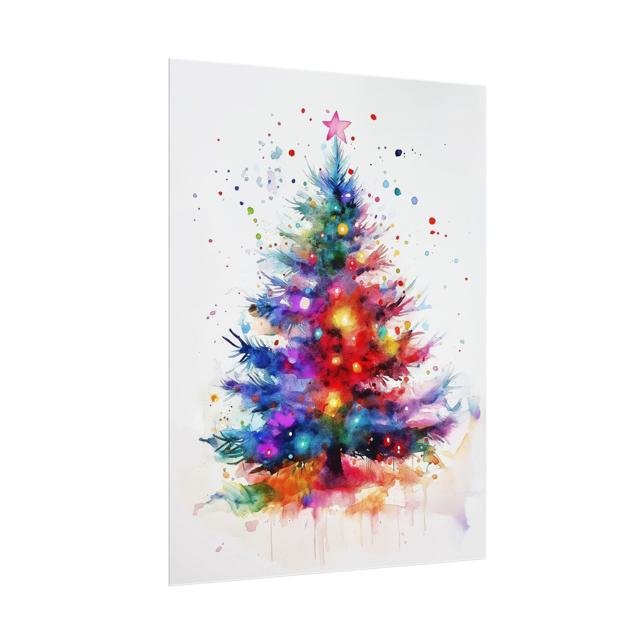 Christmas Tree Wall Art Print - Vibrant Colorful Watercolor with Lights