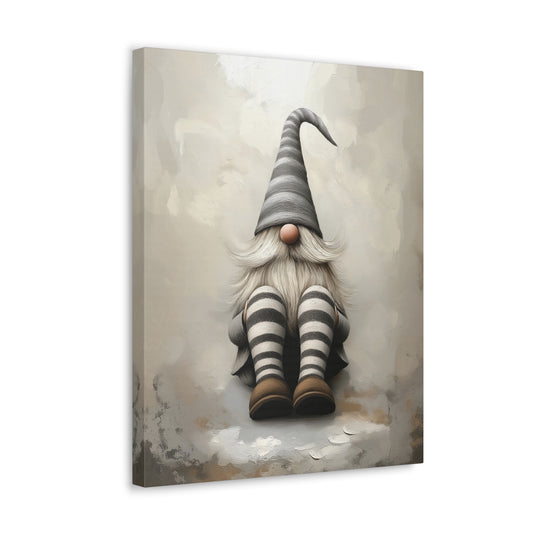 Grey and White Gnome Wall Art - Canvas Print Gallery Wrap - Striped Socks