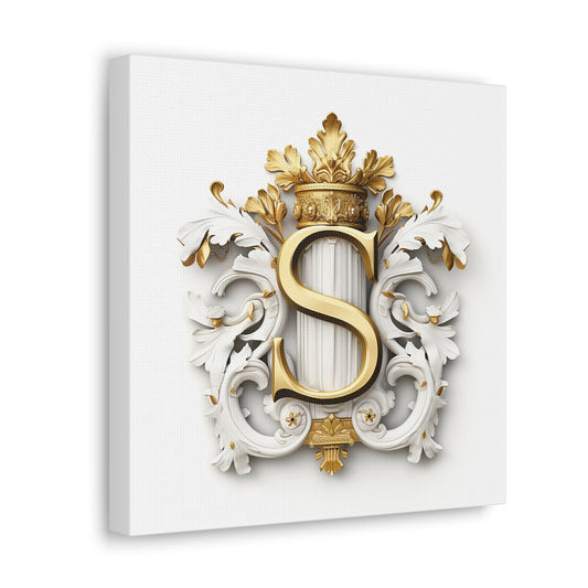 Monogram S Wall Art - Canvas Print Gallery Wrap - Single Initial Letter with Crown - White and Gold