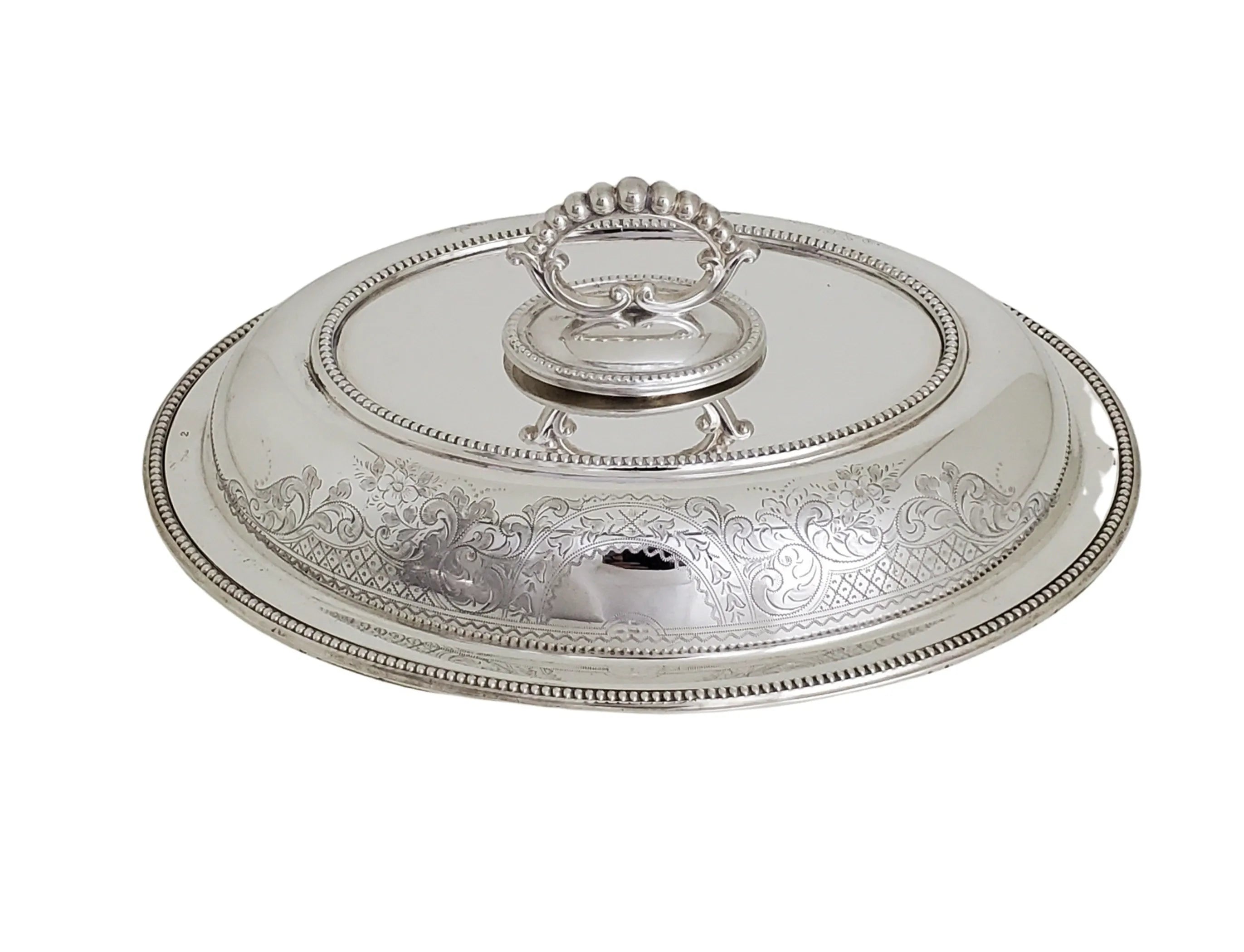 Antique Entree Dish Oval Bead Engraved English Silver Plate c.1875