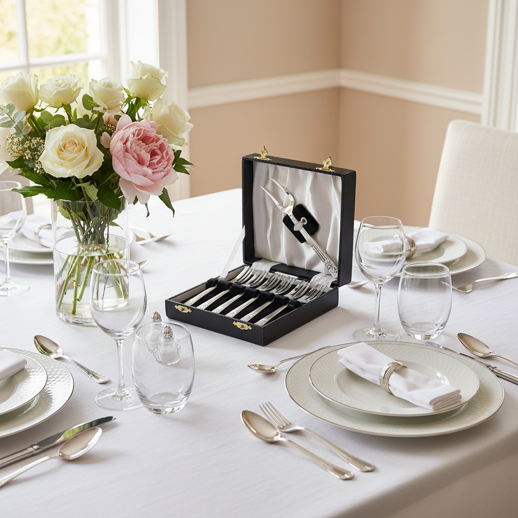 Antique English Silver Plate Pastry Forks & Server Set – c.1900 in a black case on a dining table set with silverware, glasses, and a vase of flowers.