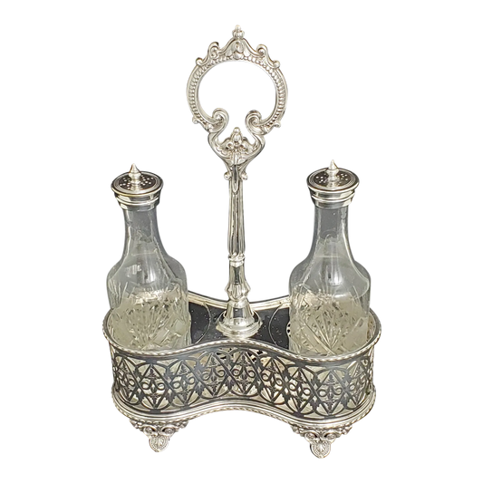 Antique Oil and Vinegar in Frame English Silver Plate c. 1870