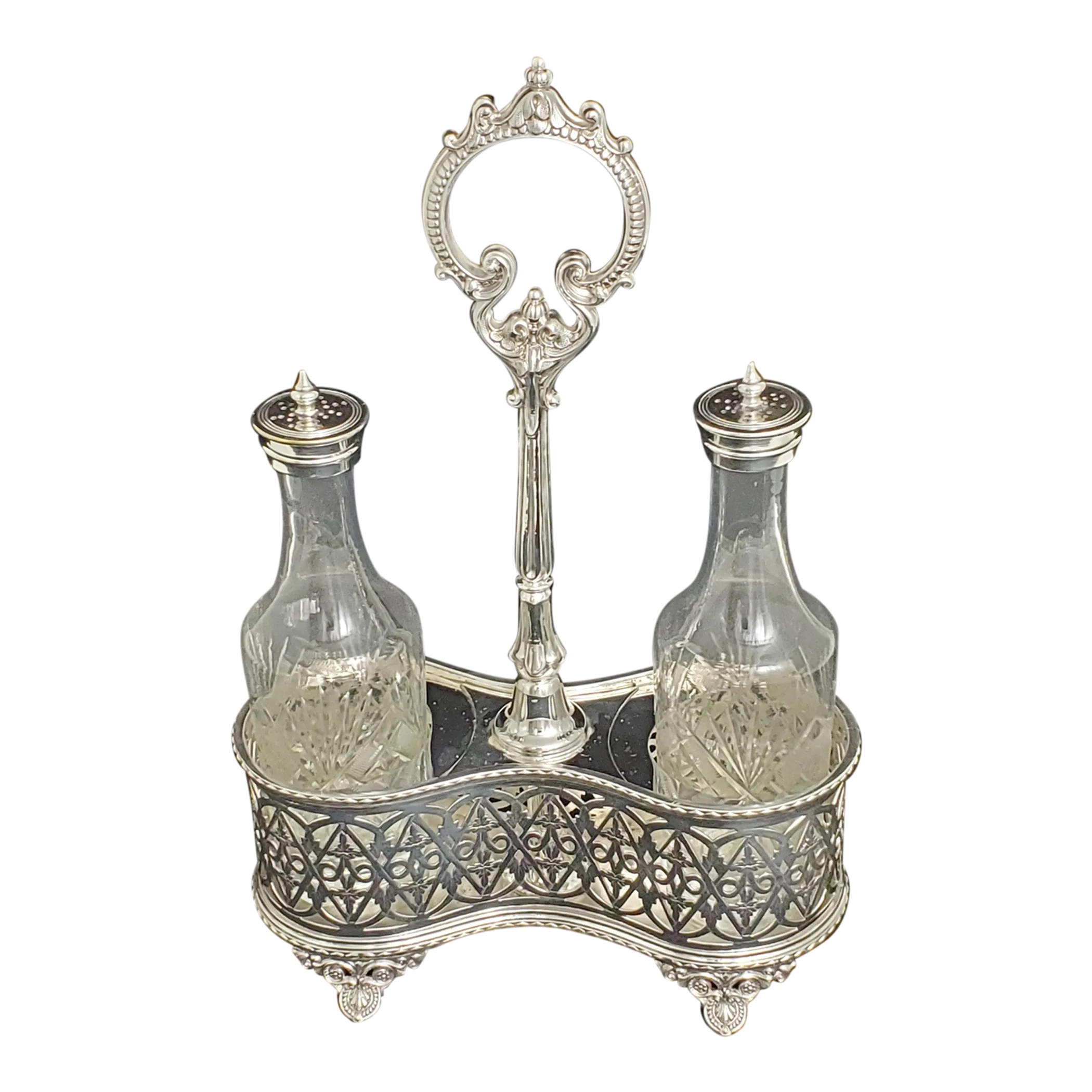 Antique Oil and Vinegar in Frame English Silver Plate c. 1870