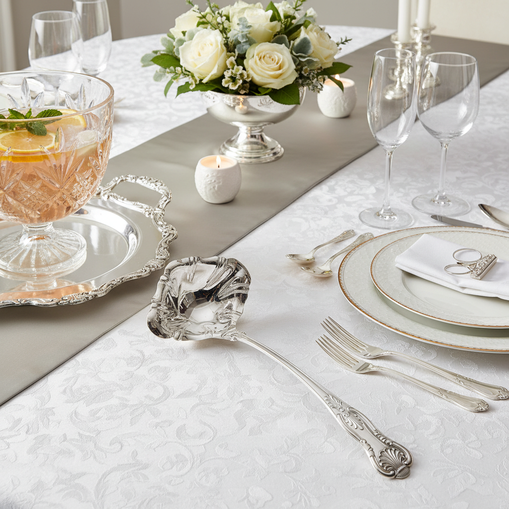 Elegant table setting with silverware, glasses, and a Corbell Antique English Silver Plate Punch Ladle – Kings Pattern, c.1920 on a white tablecloth.