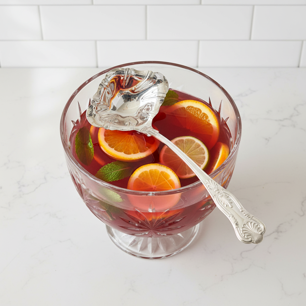 Glass punch bowl with fruit and a Corbell Antique English Silver Plate Punch Ladle – Kings Pattern, c.1920 on a white kitchen counter
