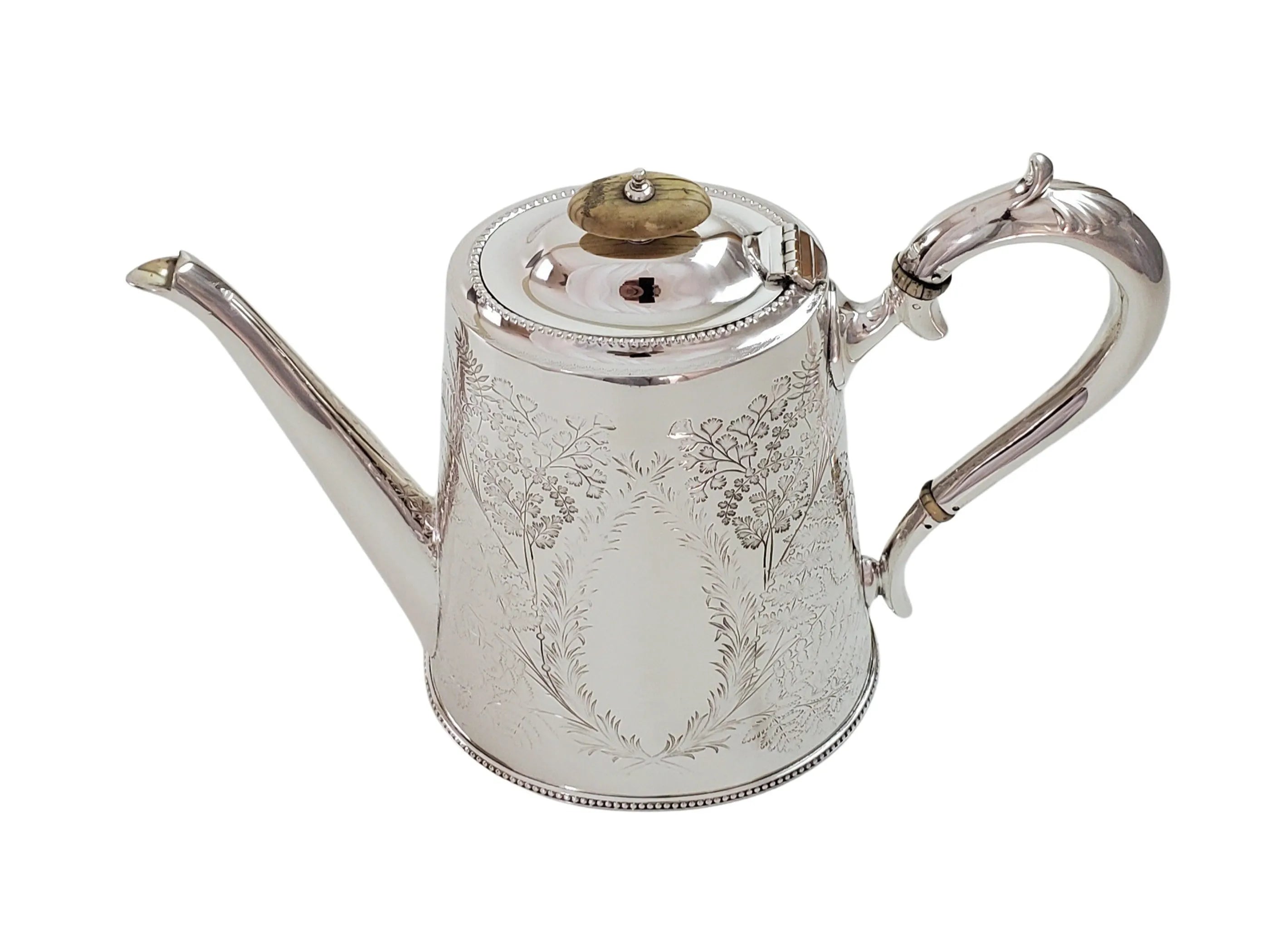 Antique Oval Fern Leaf engraved Coffee Pot c.1870 English Silver Plate c.1870