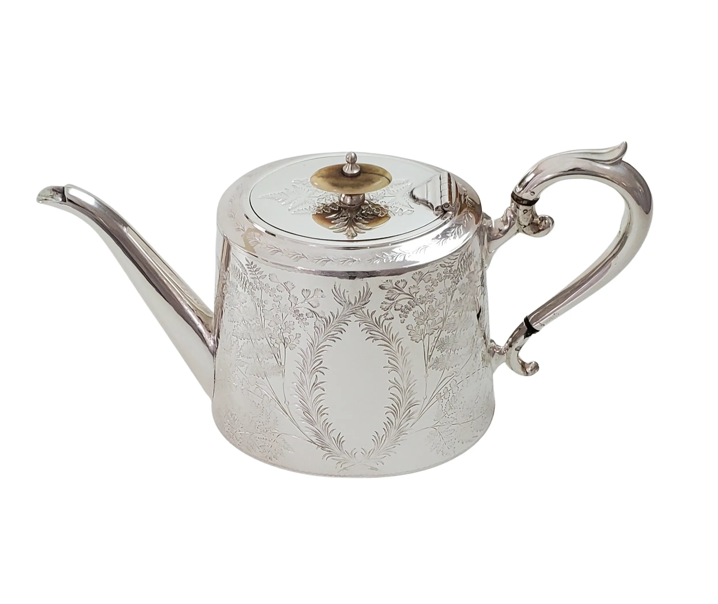 Antique English Silver Plate Teapot c.1870 – Oval Shape with Fern Leaf Engraving