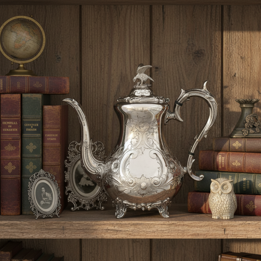 Decorative Corbell Antique English Silver Plate Coffee Pot – Louis IV Style, c.1860 on a wooden shelf with books and a globe.