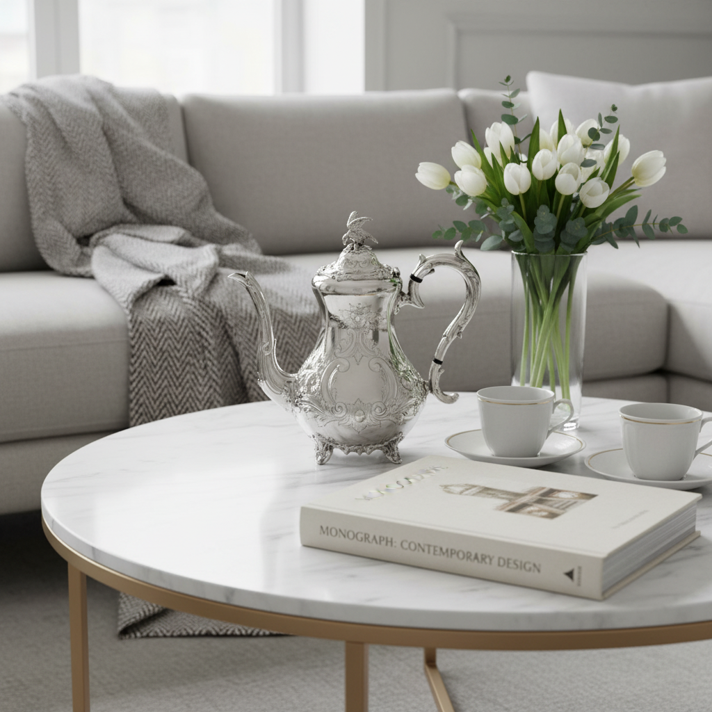 Round coffee table with Corbell Antique English Silver Plate Coffee Pot – Louis IV Style, c.1860, books, and flowers in a living room setting.