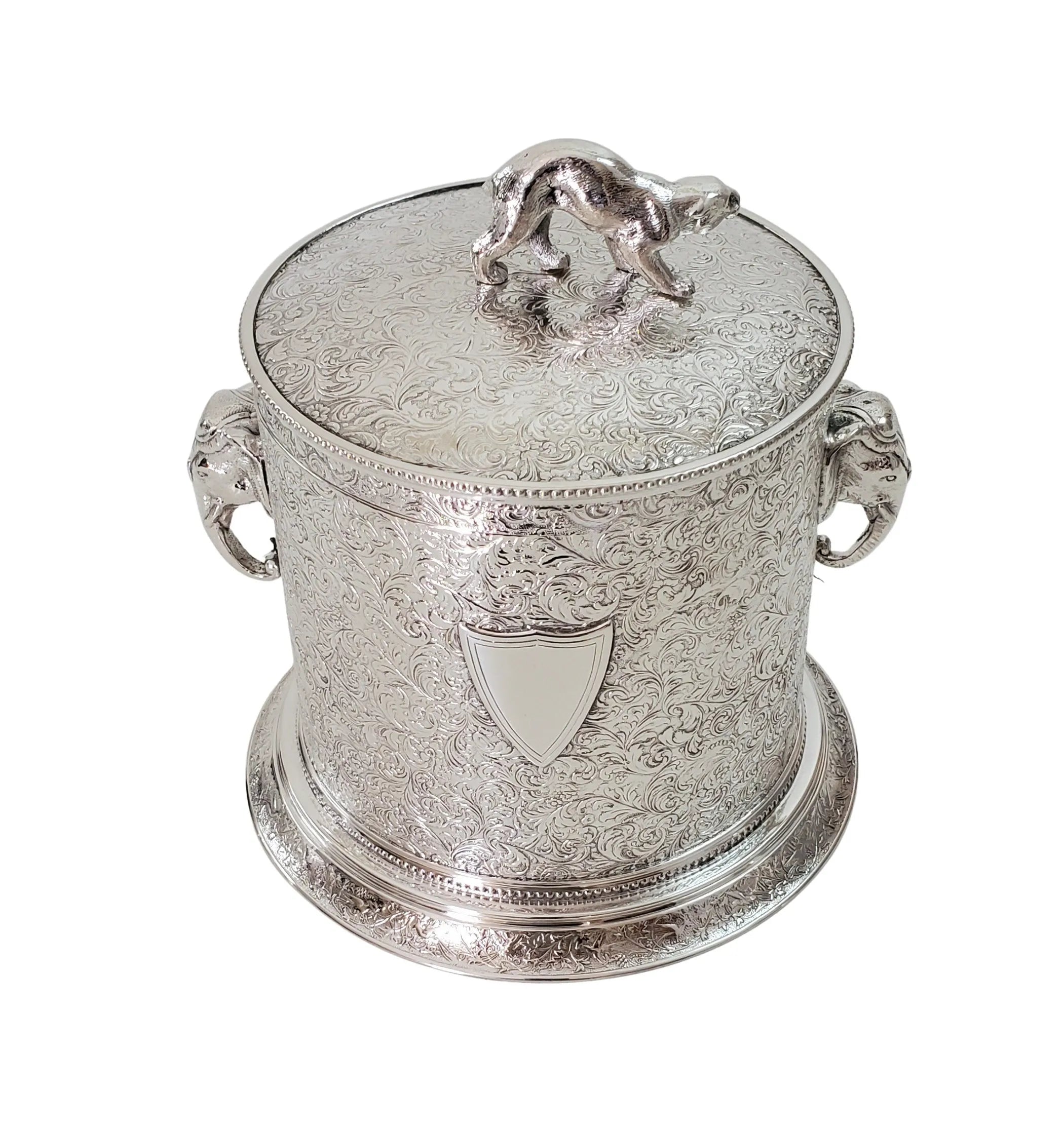 Antique Engraved Biscuit Box with Elephant Handles & Cougar Finial English Silver Plate c.1875