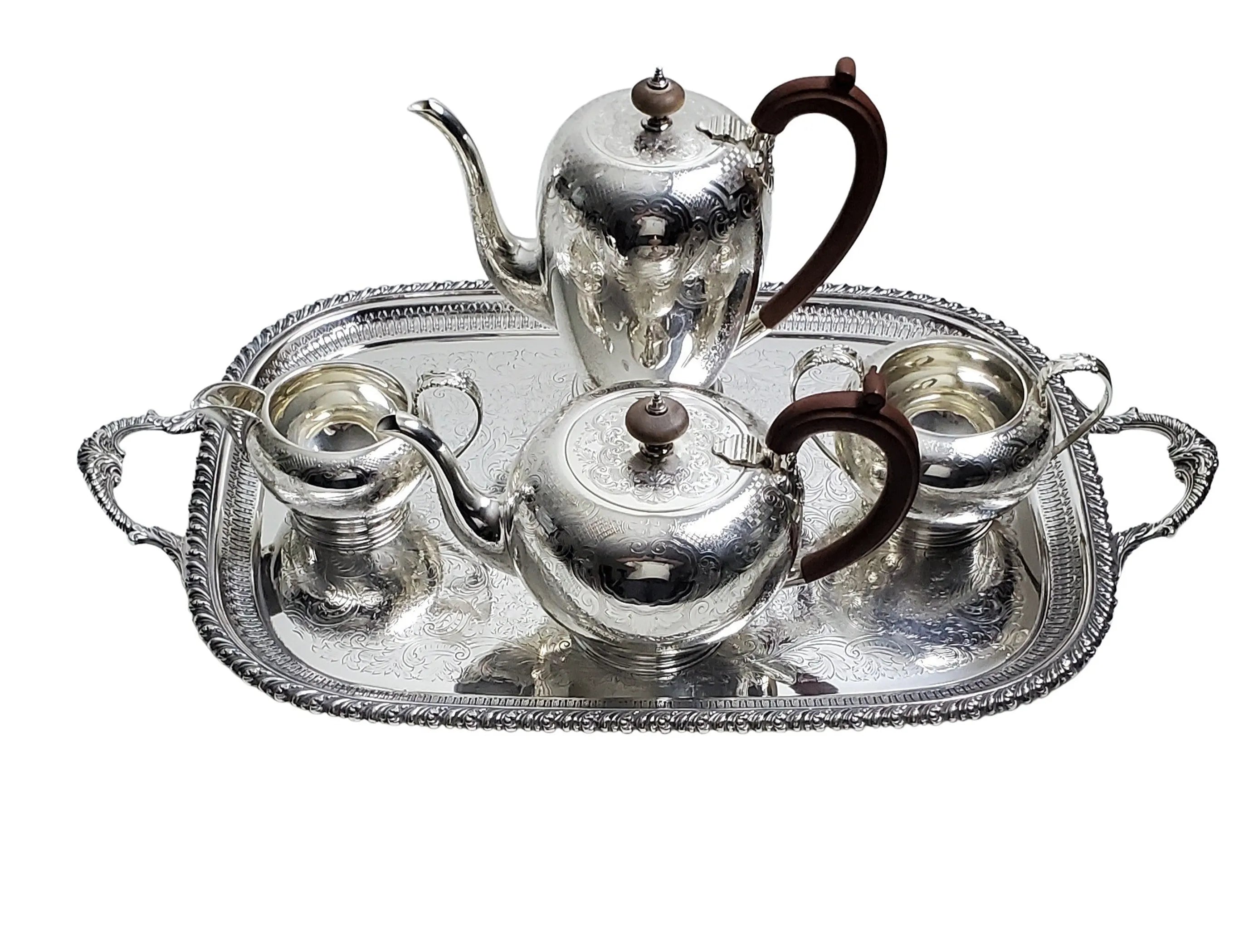 Antique 5 Piece Engraved Tea & Coffee Set With Matching Tray English Silver Plate c.1900