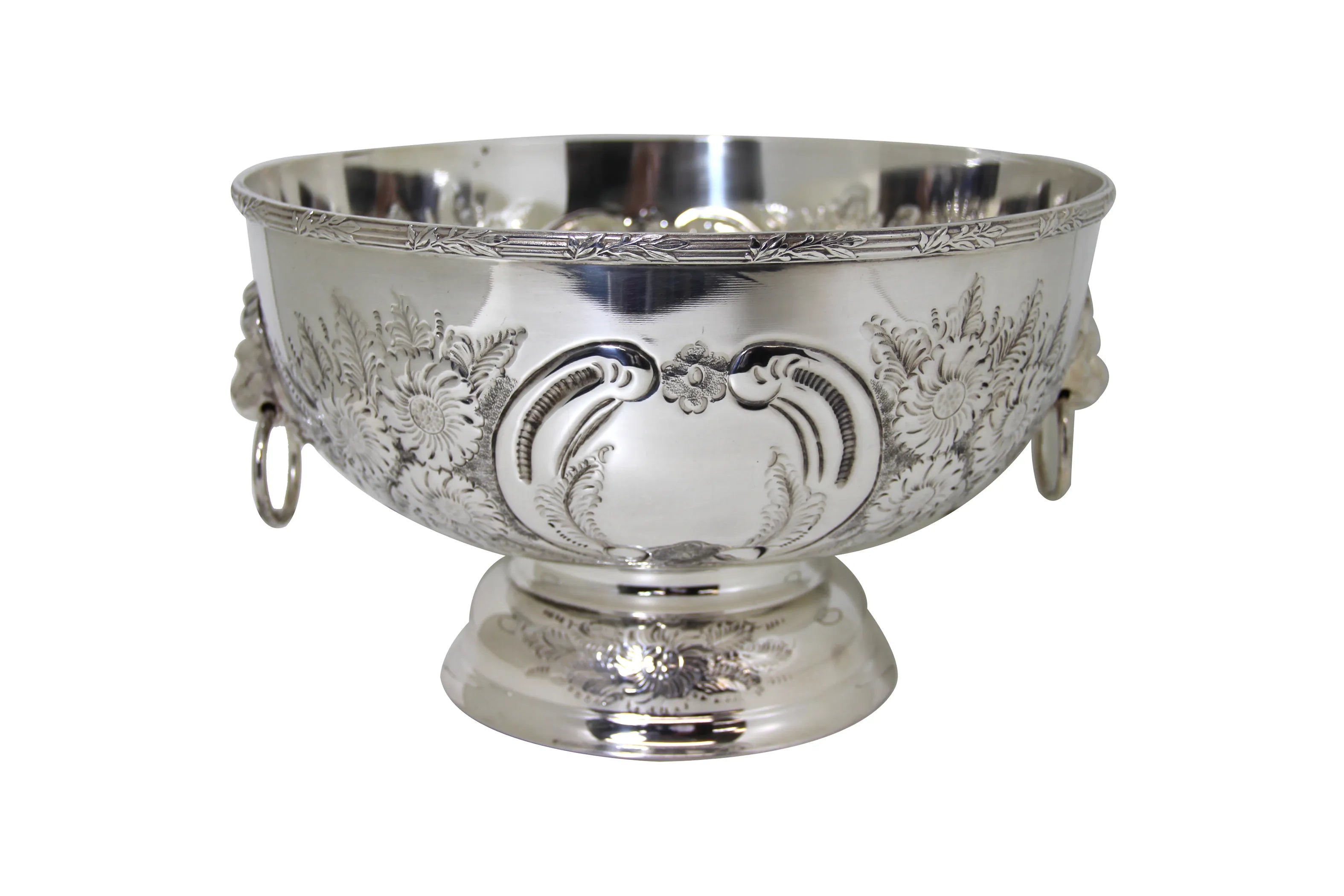 Hand Chased Bowl with Lion Mask Handles Silver Plate