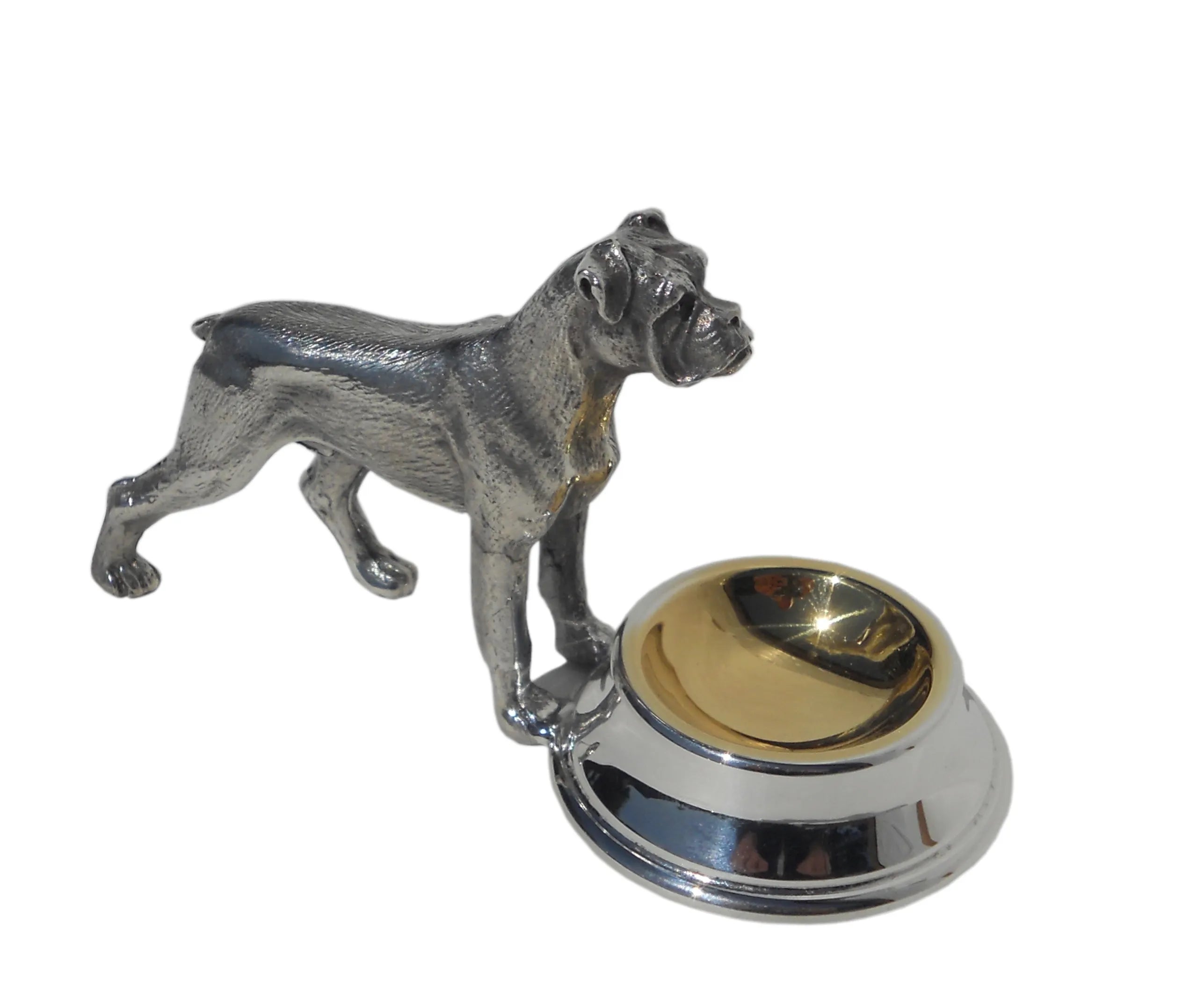 Silver plated Boxer dog and salt bowl on 
a white background