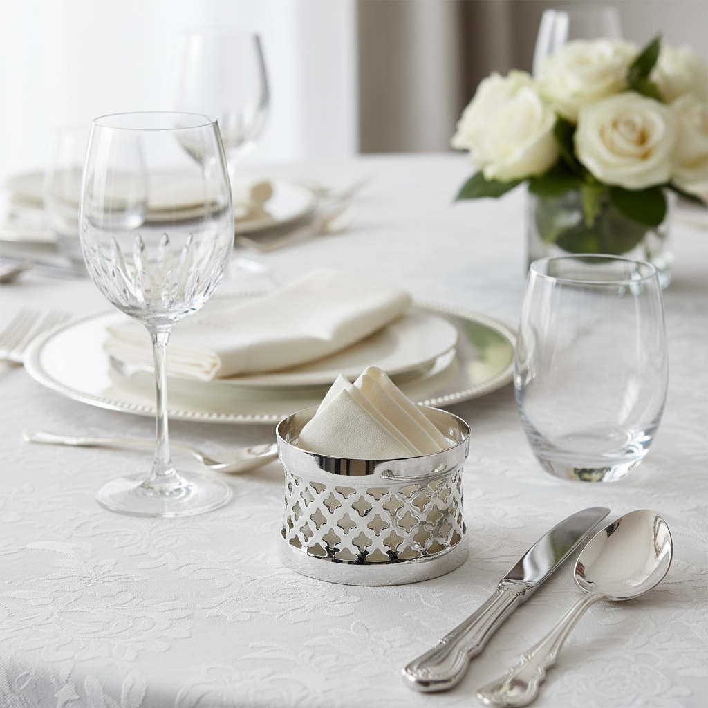 Elegant table setting with a silver plated napkin ring, silverware, glasses, and a floral arrangement on a white tablecloth.