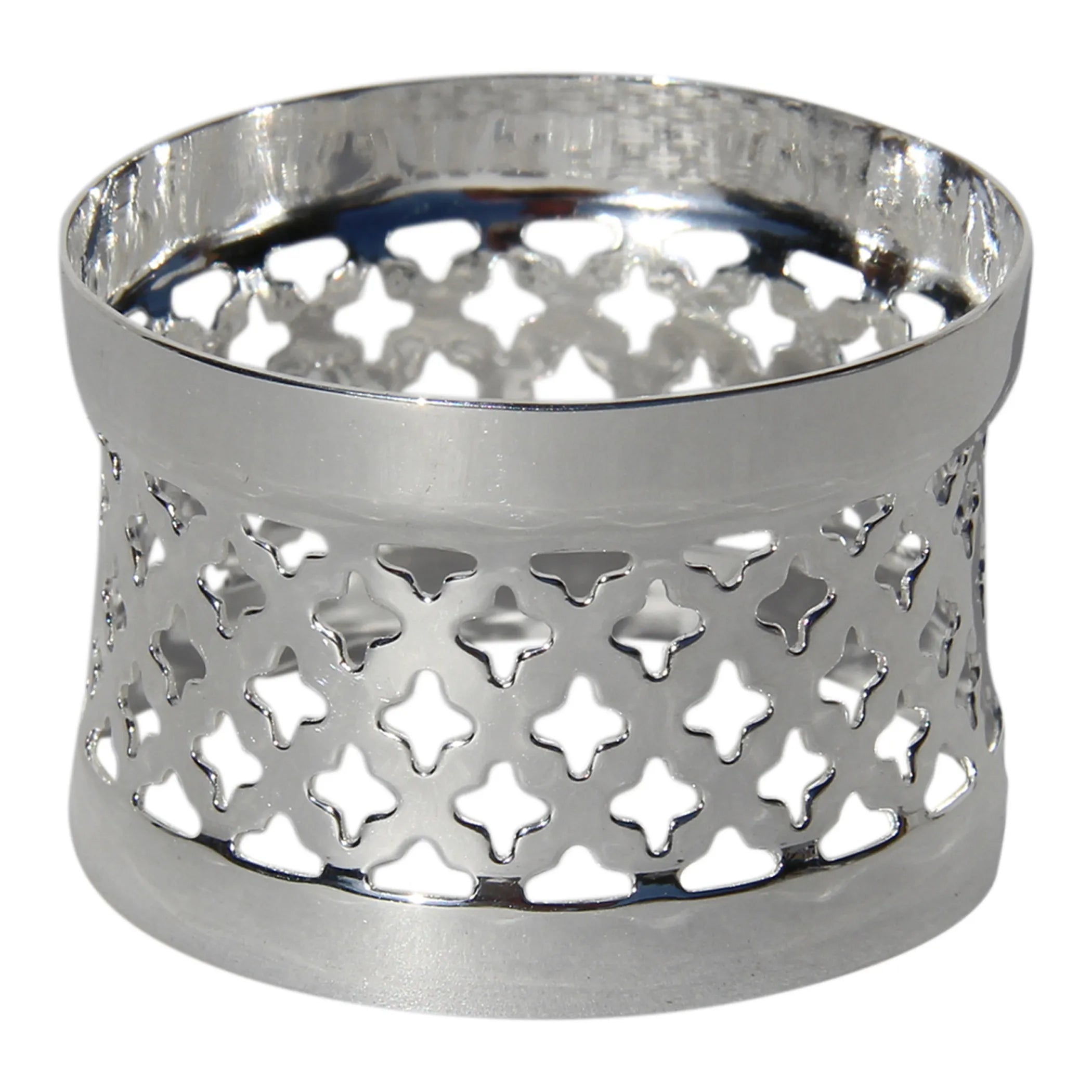 Silver plated napkin holder with diamond shaped cutouts on a white background