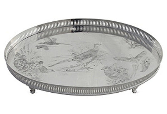 Tray 18" x 12" Oval Pheasant Bar Gallery Tray English Silver Plate Reproduction