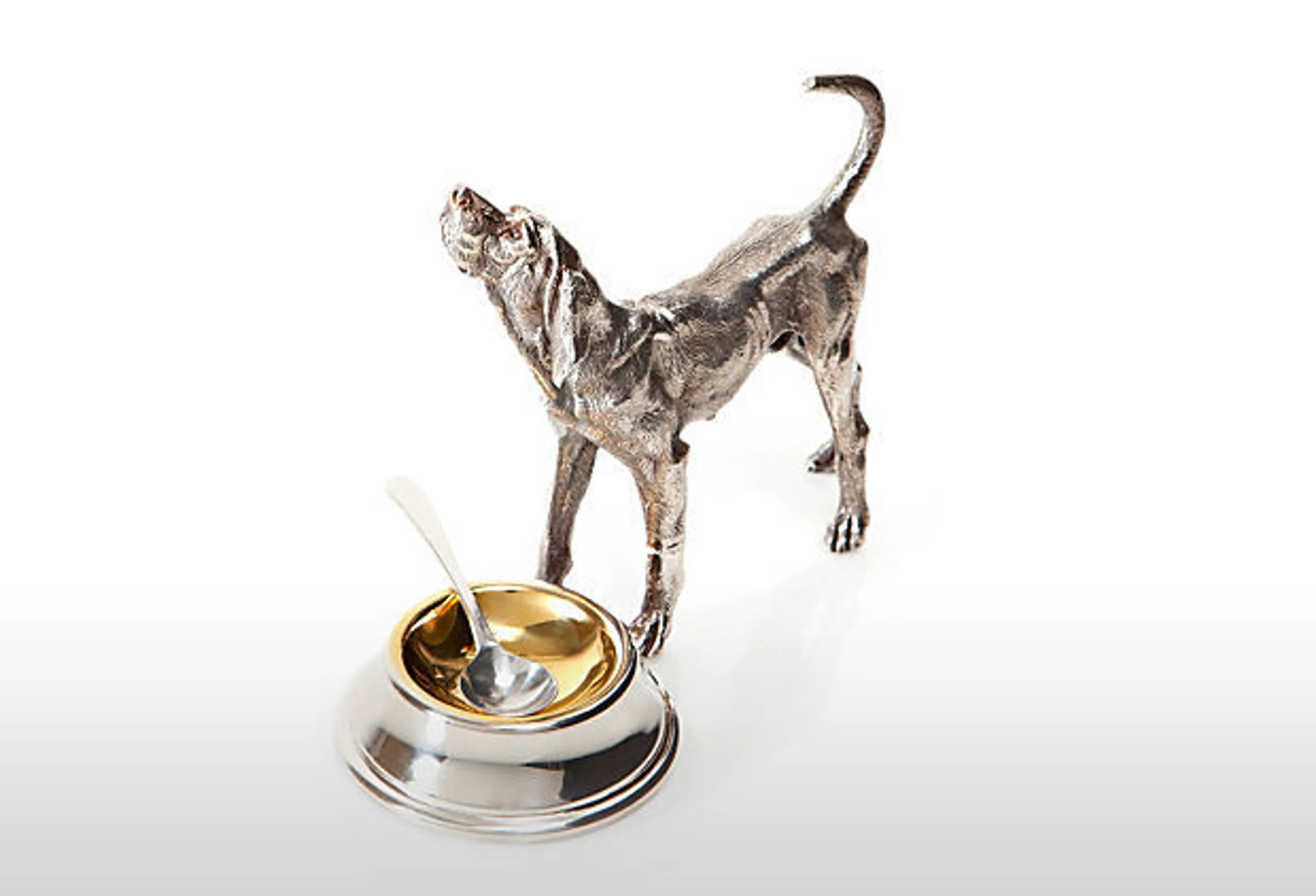 Hound Dog standing Silver Plate Salt Server with Gilded Bowl