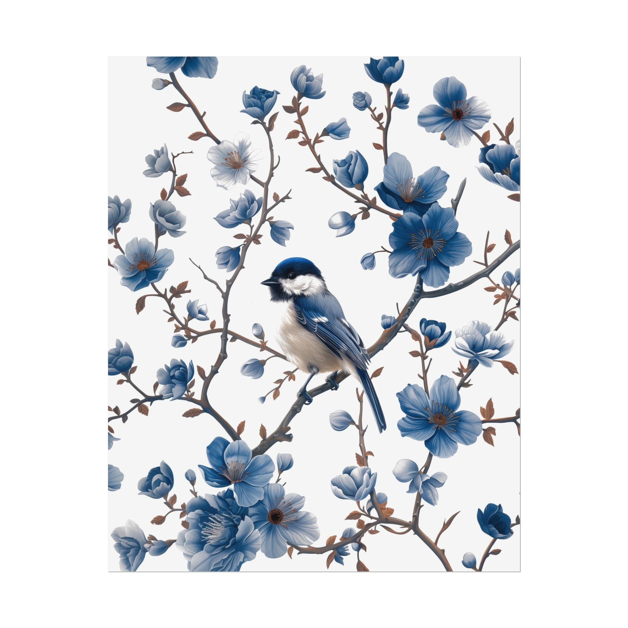 Chinoiserie Wall Art Print - Carolina Chickadee in Blue and White