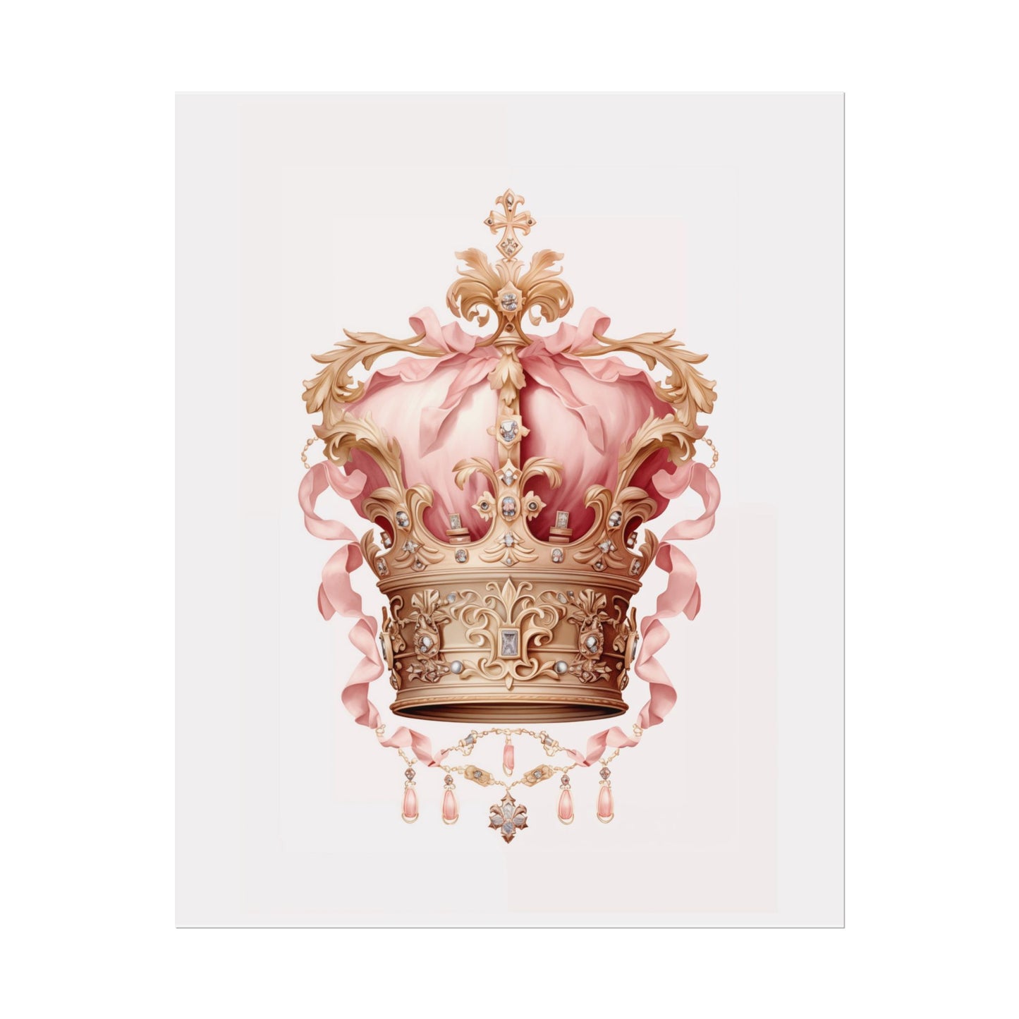 Crown Wall Art Print - Whimsical Pink and Gold-tone Emblem for Home Decor