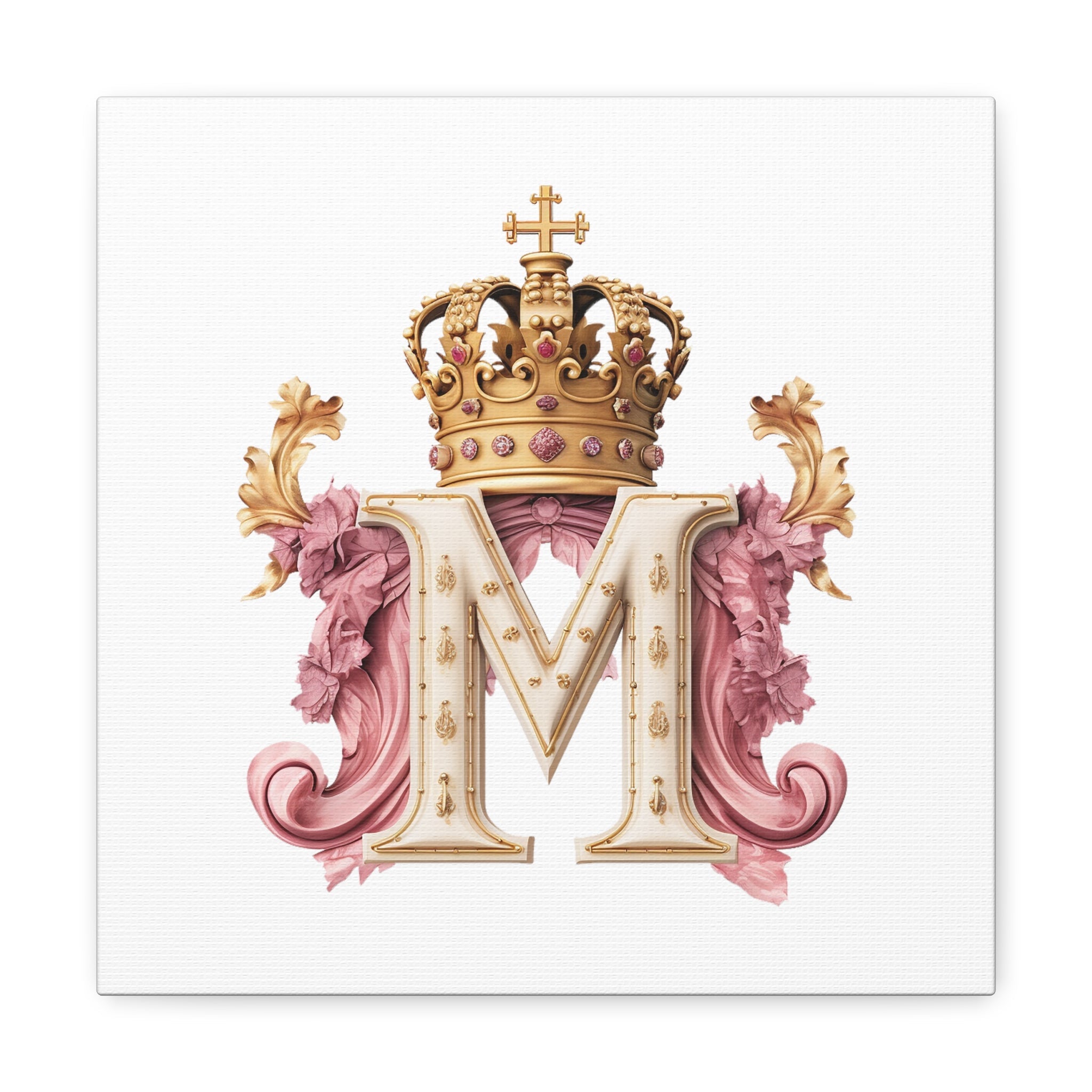 Monogram M Wall Art - Canvas Print Gallery Wrap - Single Initial Letter with Crown - Pink and Gold