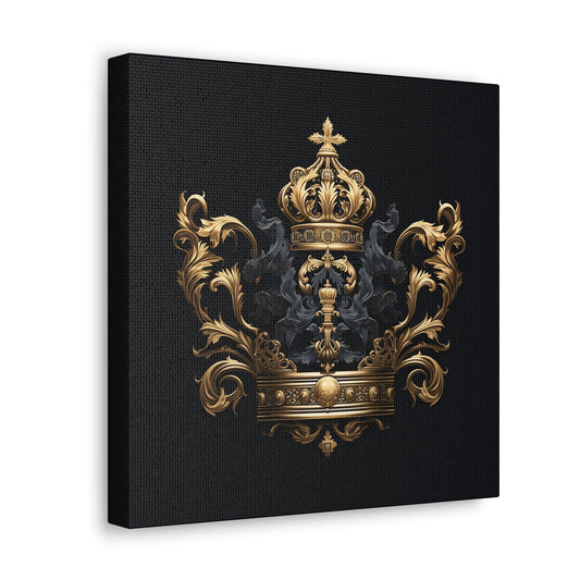 Renaissance Emblem Wall Art - Canvas Print Gallery Wrap - Gold and Black Crown and Cross