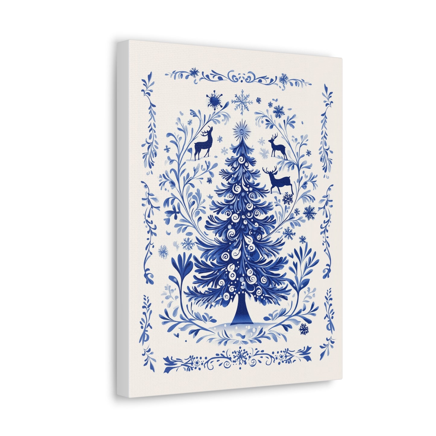 Christmas Tree Canvas Print - Gallery Wrap Wall Art - Delft-Inspired Blue on Off-White Background