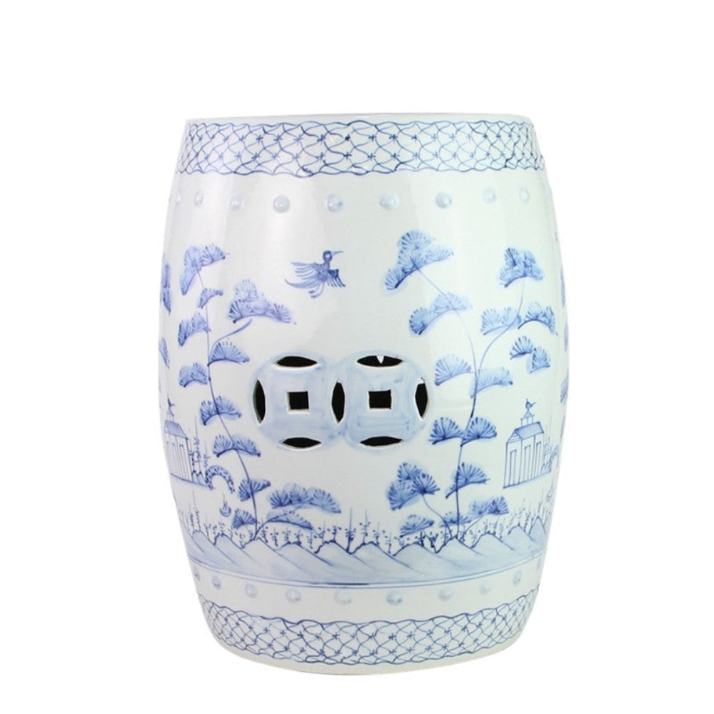 Decorative ceramic stool with blue floral patterns on a white background