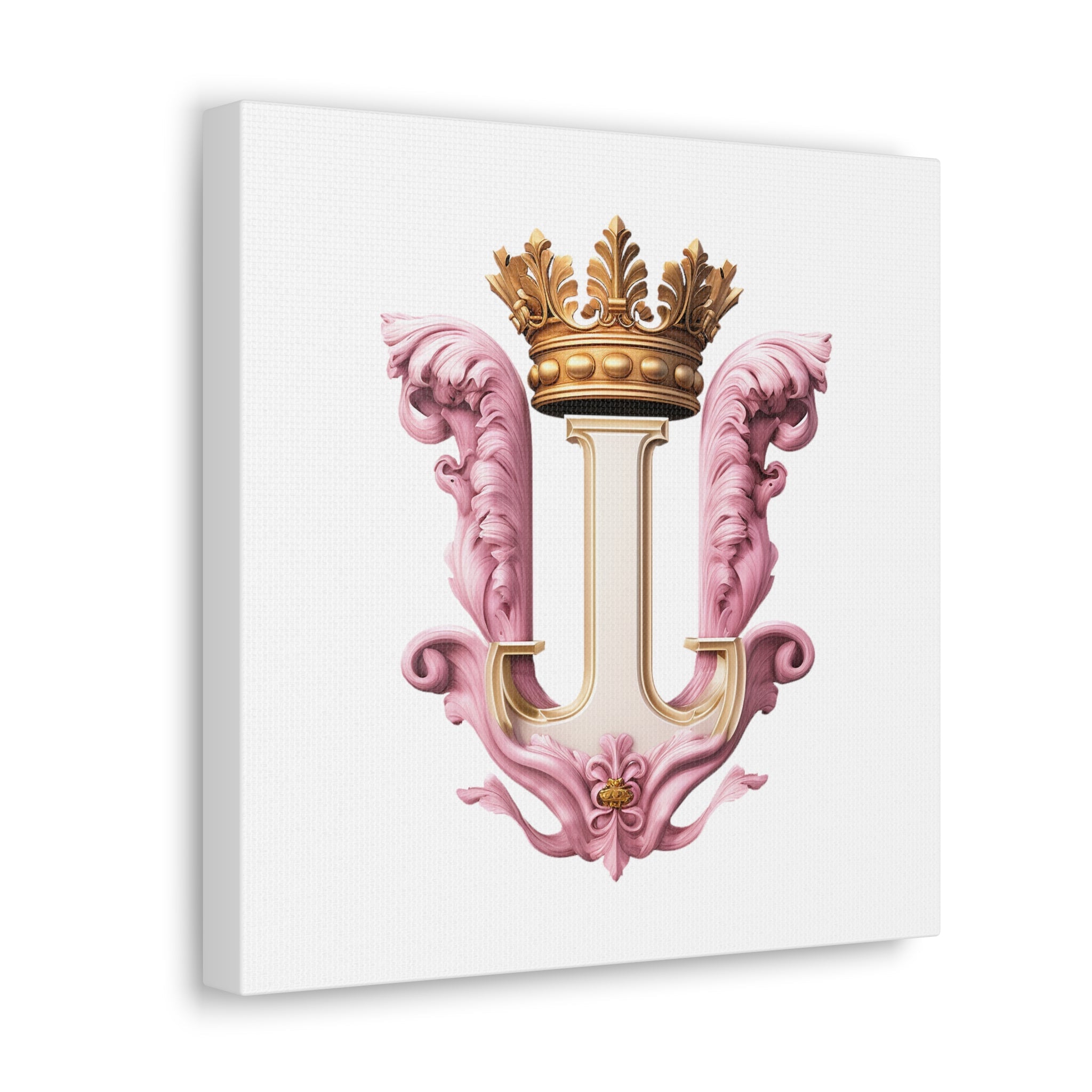 Monogram I Wall Art - Canvas Print Gallery Wrap - Single Initial Letter with Crown - Pink and Gold