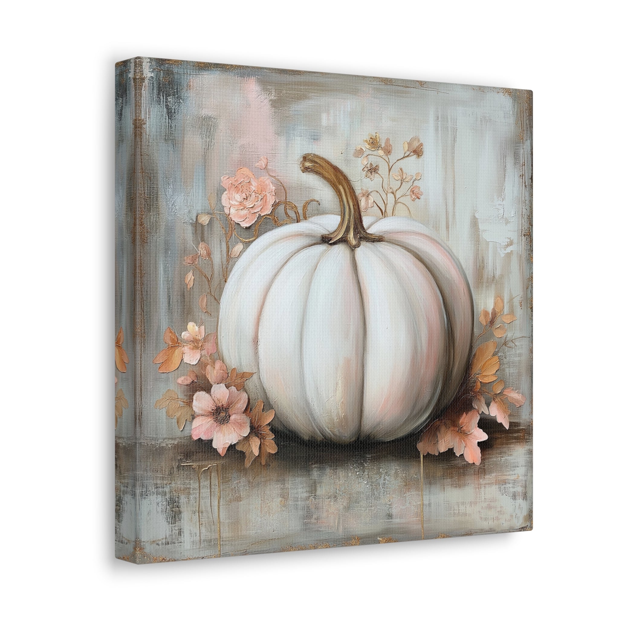Pumpkin Wall Art - Canvas Print Gallery Wrap - White with Shabby Chic Flowers