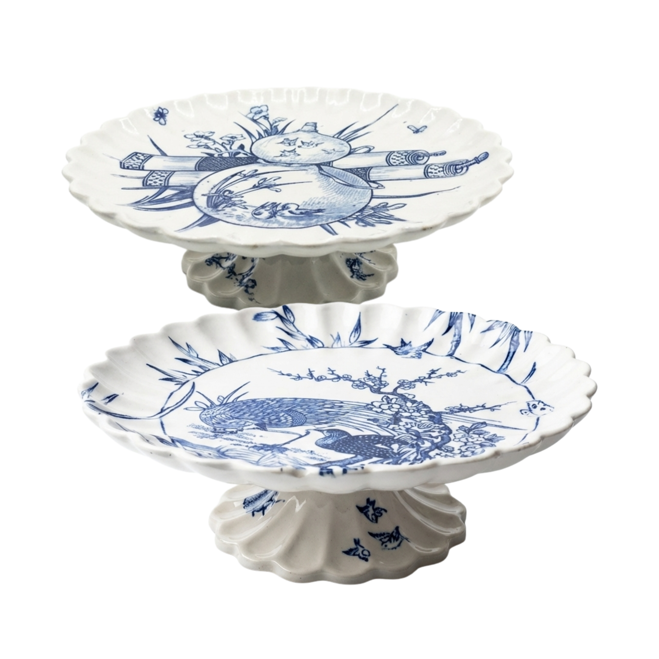Two Rare 1880 Copeland pedestal comports in cobalt Japonisme design on a white background