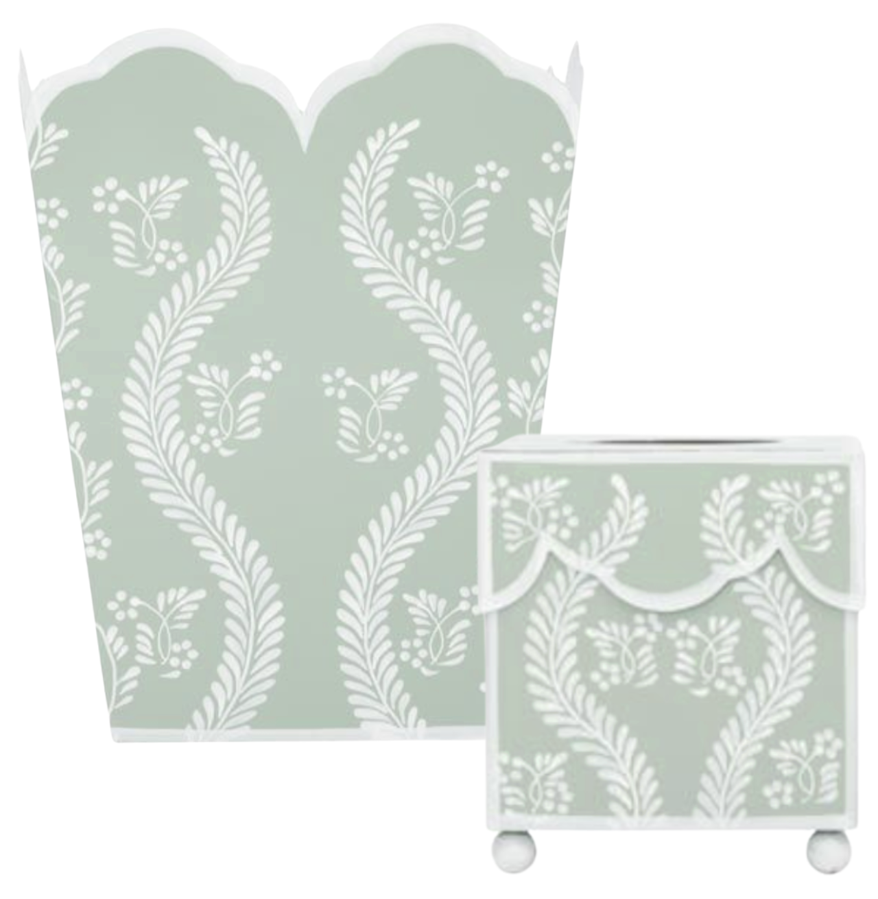 Wastepaper basket and tissue box holder with white leaf pattern on a white background