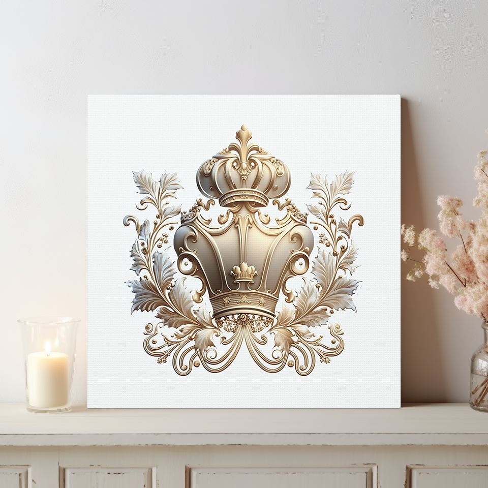 Renaissance Emblem Wall Art - Canvas Print Gallery Wrap - Regal Design in White and Gold