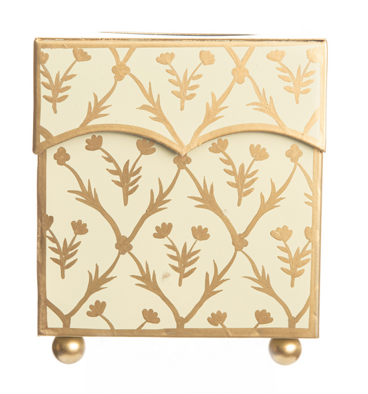 Decorative tissue box holder with gold floral pattern on a white background