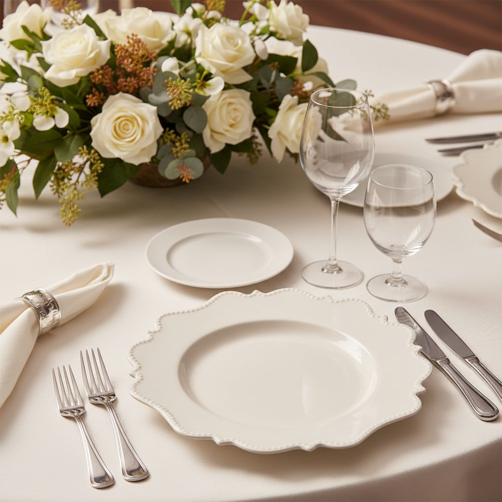 Elegant table setting with white charger plate, silverware, and a floral arrangement.