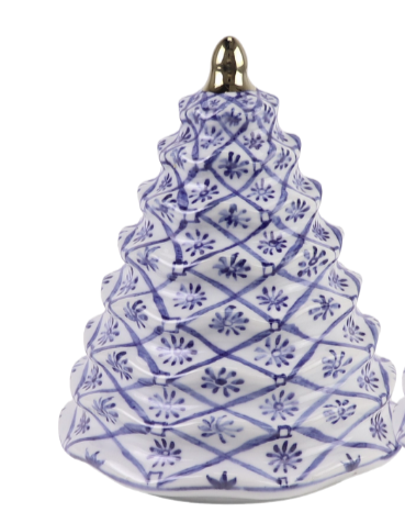 Decorative ceramic tower with blue geometric pattern on a white background