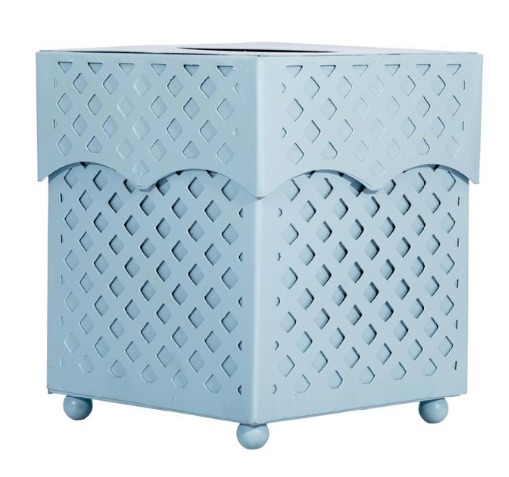 Light blue metal tissue box holder with lattice design on a white background