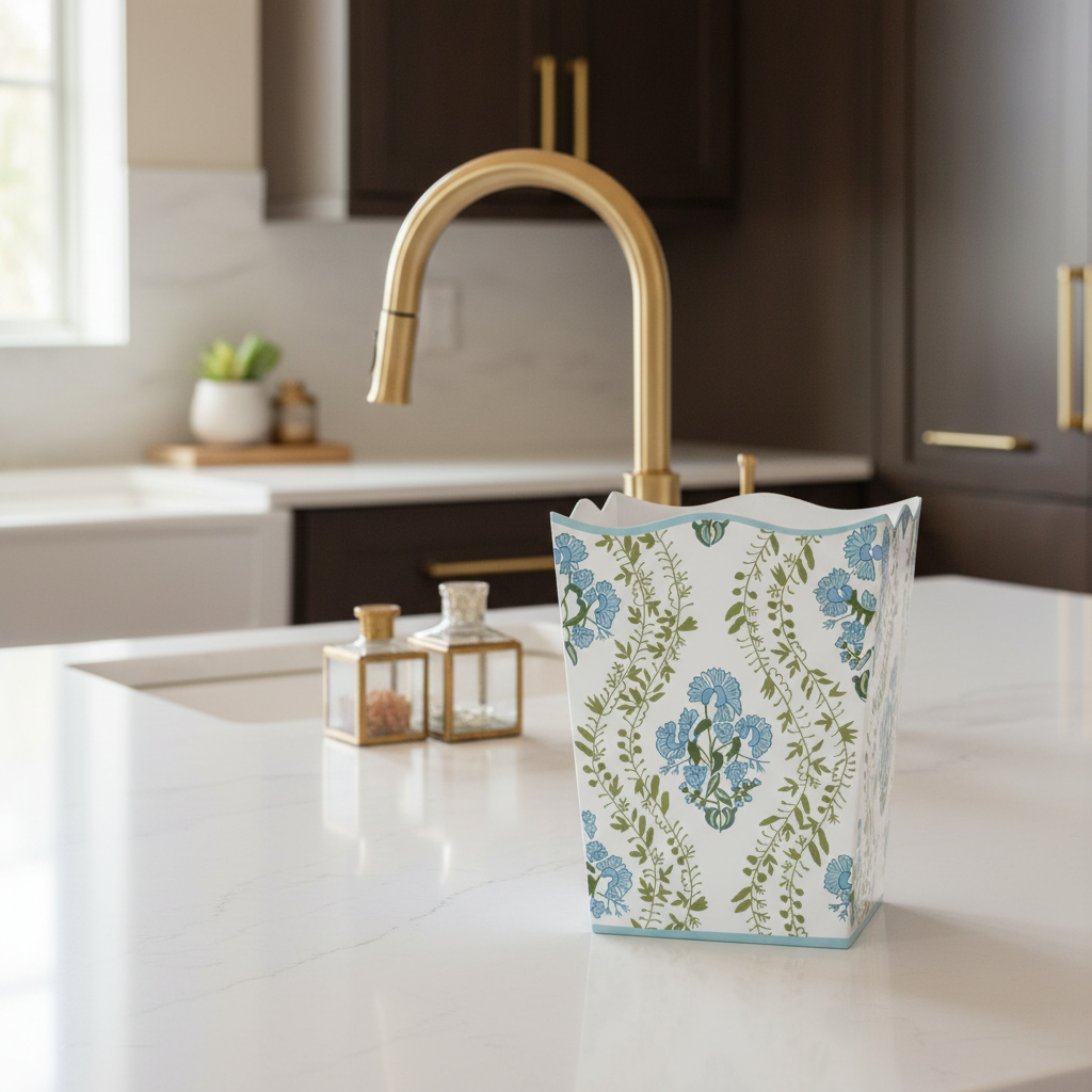Floral-patterned trash can on a kitchen counter with a gold faucet in the background