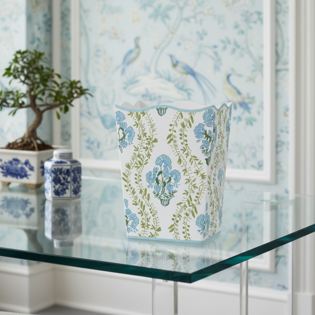 Decorative wastepaper basket with floral pattern on a glass table